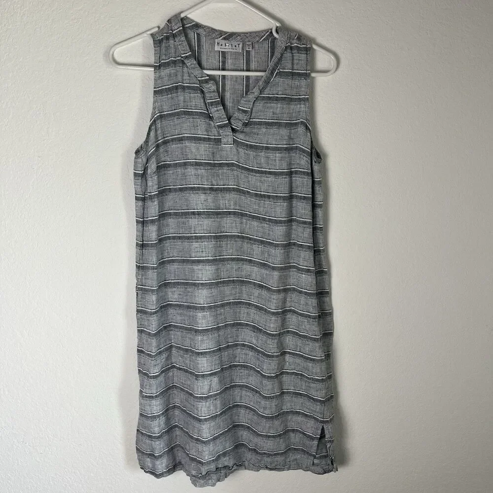 Habitat - Linen Black Striped Dress XS‎ Neutral Lagenlook 206​